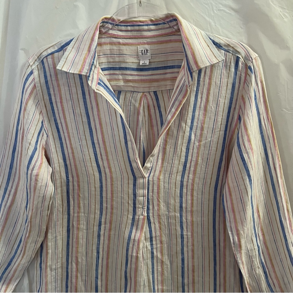 GAP SHIRT, Women’s Size S, Multicolor Long Sleeve Striped Linen Tunic w/ Collar.